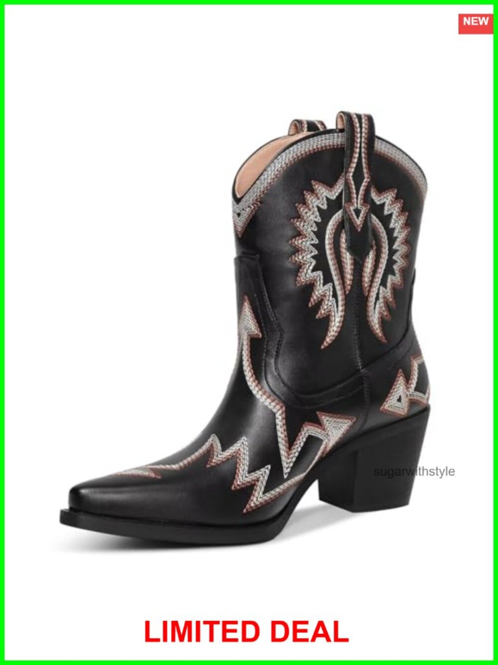 Pointed Toe Western Ankle Boots Chunky Heel Wide Calf PU Leather